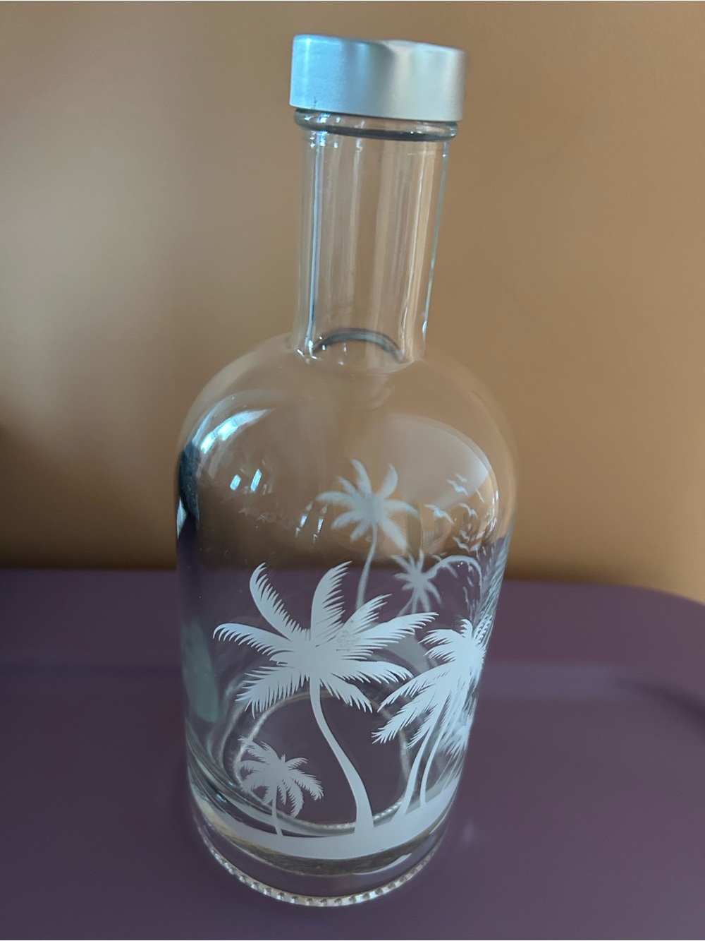Clear Glass Palm Tree Decorative Bottle - White Design